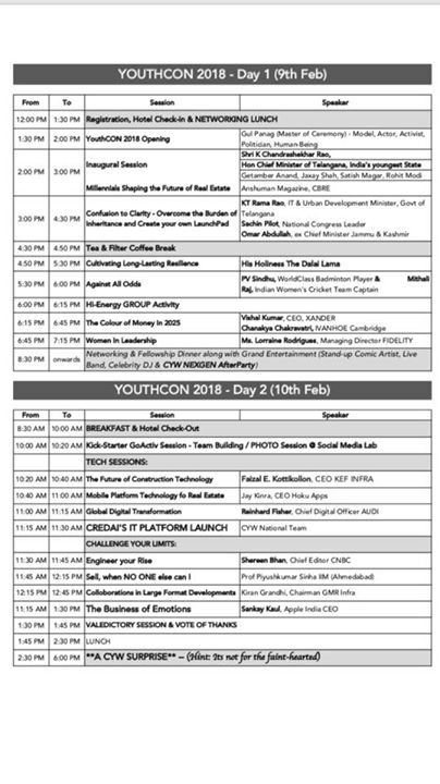 Friends, this  is the Credai Youthcon 2018 agenda with speakers. It is arguably the best line up till date. Please do not miss the opportunity.