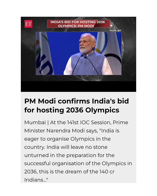 PM Modi's visionary words have set our hearts racing with excitement! With 140 crores of us standing together, we're an unstoppable force, and this Olympic dream is a testament to our unity and commitment to excellence. The convergence of our economic progress and infrastructure growth underscores that we're more than ready to host a successful Olympics. As we strive for this grand goal, we invite the world to witness India's incredible journey towards hosting the Olympics in 2036, an event that will not only celebrate sports but also the marvels of our progress and the spirit of our people. Through this, we look forward to showcasing not only our sporting prowess but also the rich tapestry of our heritage and values to the world. Together, let's make the dream of hosting the Olympics in 2036 a genuine testament to India's unique qualities and the spirit that binds us as a nation!