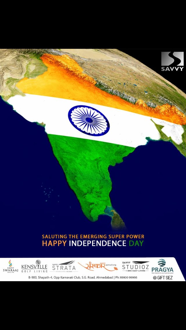 Saluting the emerging superpower!

#HappyIndependenceDay #IndependenceDay18 #IndependenceDay #IndependenceWeek #Celebration #15thAugust #Freedom #SavvyGroup #RealEstate #Ahmedabad https://t.co/vMf9dlWN1u