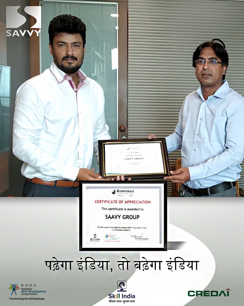 Proud Moment
The Savvy group receives a National excellence award from NSDC (National skill development corporation) 
and from Skill India national mission for training more than 1000 laborers on-site in construction & hospitality sector @HardeepSPuri @PMOIndia @CREDAINational https://t.co/fVFIJ4TUy0