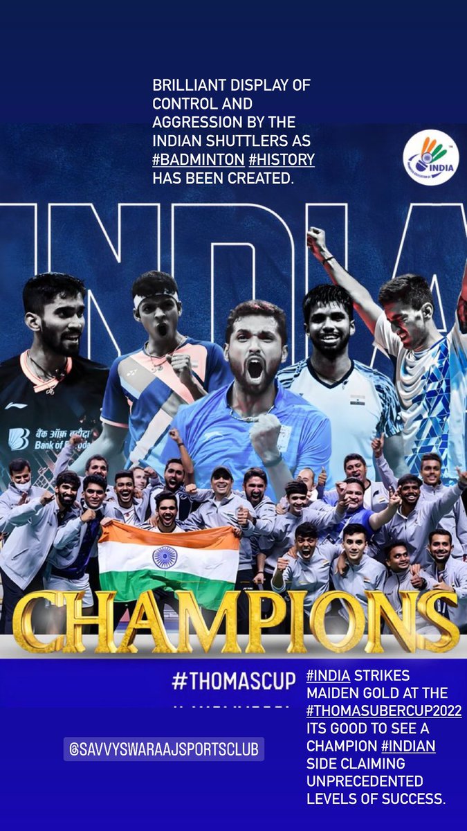 Brilliant display of control and aggression by the Indian shuttlers as #badminton #history has been created.
#India strikes maiden gold at the #ThomasUberCup2022 
Its good to see a champion #Indian side claiming unprecedented levels of success.
🥇🥇🥇
🇮🇳🇮🇳🇮🇳 https://t.co/5YvKc8uISg