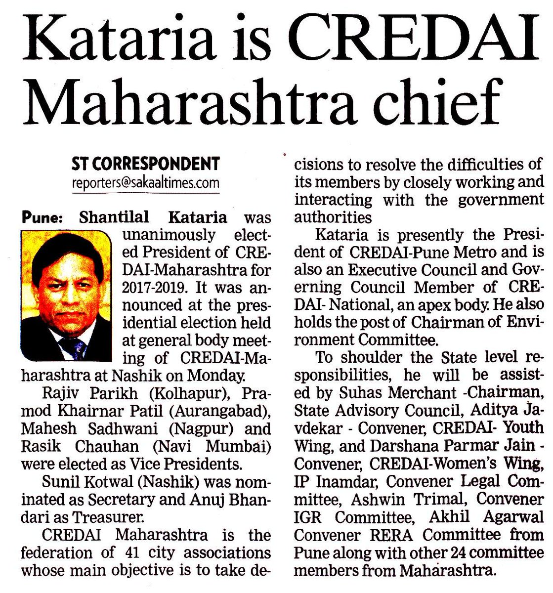 RT @CREDAINational: We congratulate Shantilal Kataria on being elected as the President of CREDAI- Maharashtra. https://t.co/bcsRE2AyiL