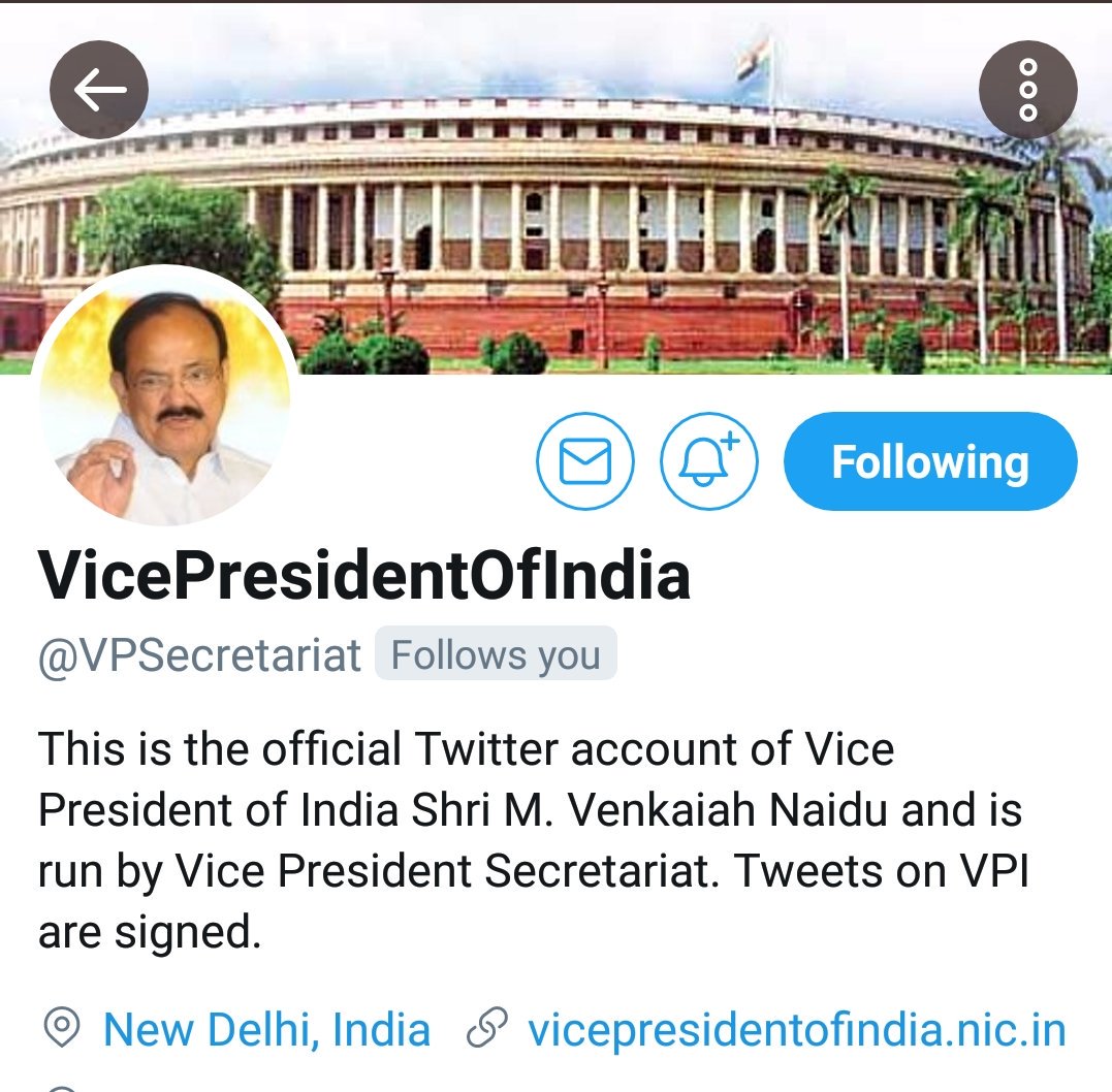 RT @MVenkaiahNaidu: For regular updates follow me now on @VPSecretariat https://t.co/Cxyn3WSxD6