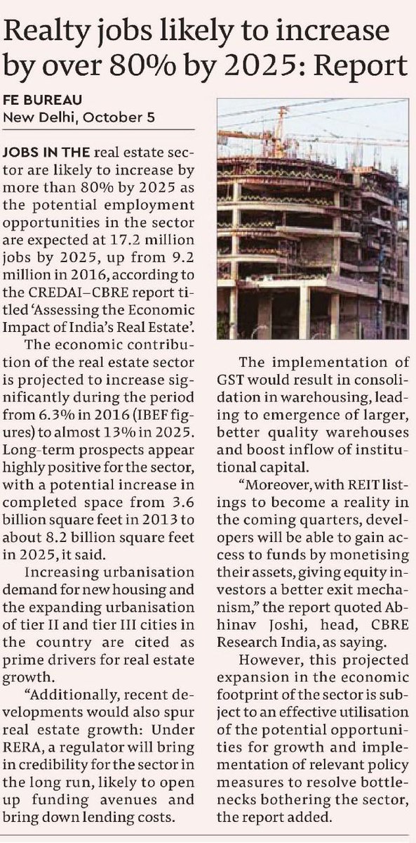 RT @CREDAINational: According to the CREDAI- @CBRE_India report, by 2025 realty jobs will increase by 80%. https://t.co/krl02py8t6